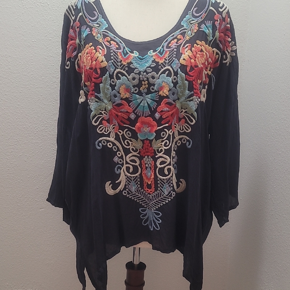 Johnny Was Navy Floral Embroidered Blouse